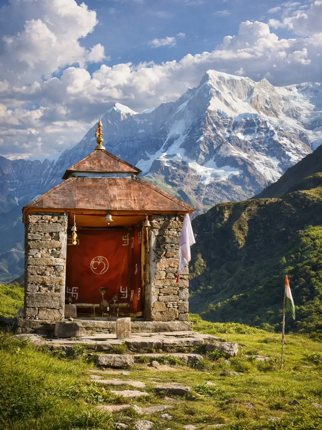 Budha Madmaheshwar top view with Chaukhamba peaks in background